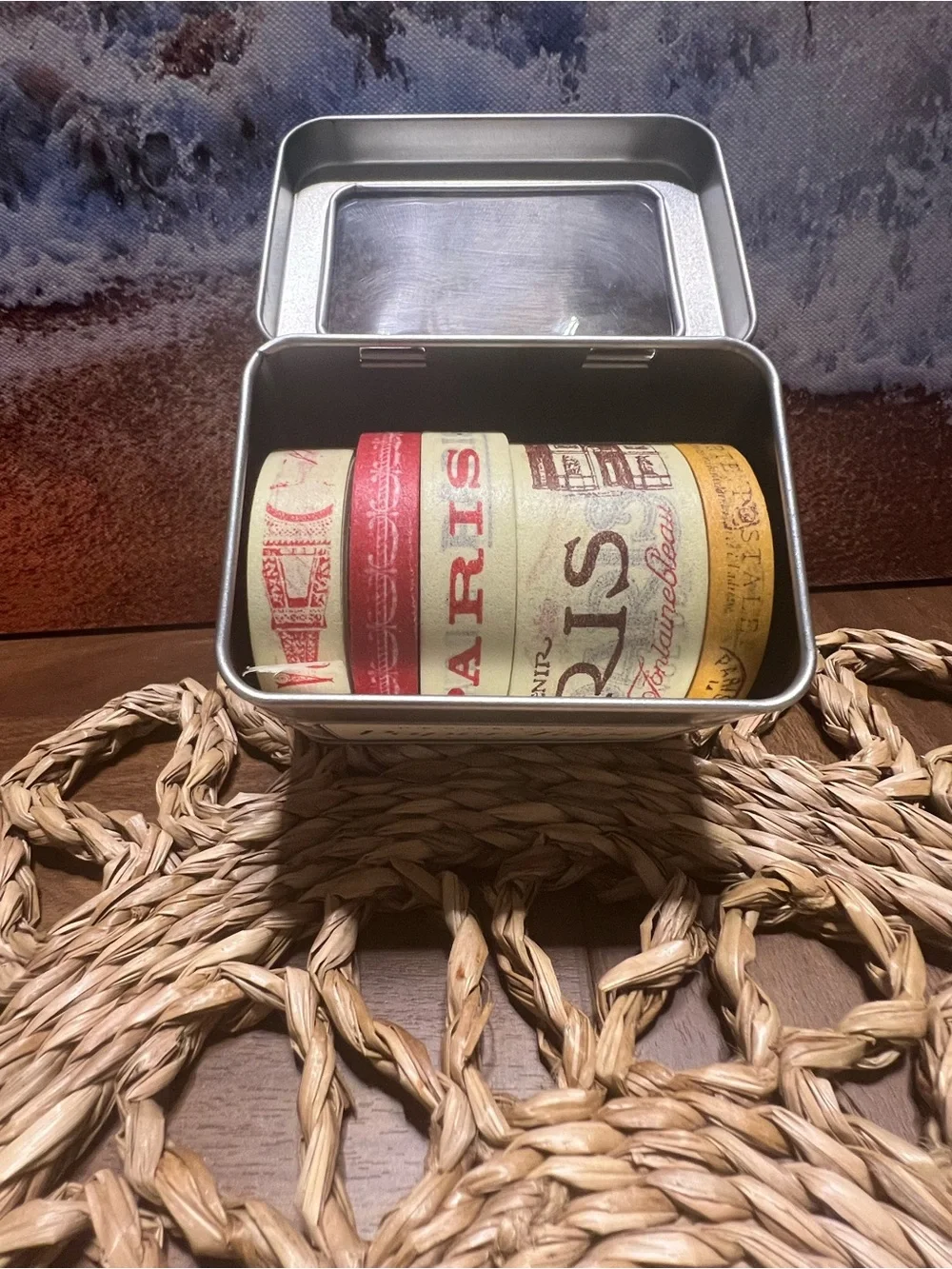 Paris Themed Decorative Tin with Red and Cream Labels
